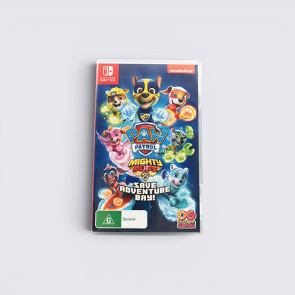 MrPixel PAW Patrol Mighty Pups Save Adventure Bay game case for Nintendo Switch featuring the heroic pup team.