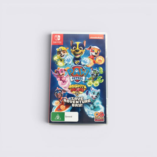 MrPixel PAW Patrol Mighty Pups Save Adventure Bay game case for Nintendo Switch featuring the heroic pup team.