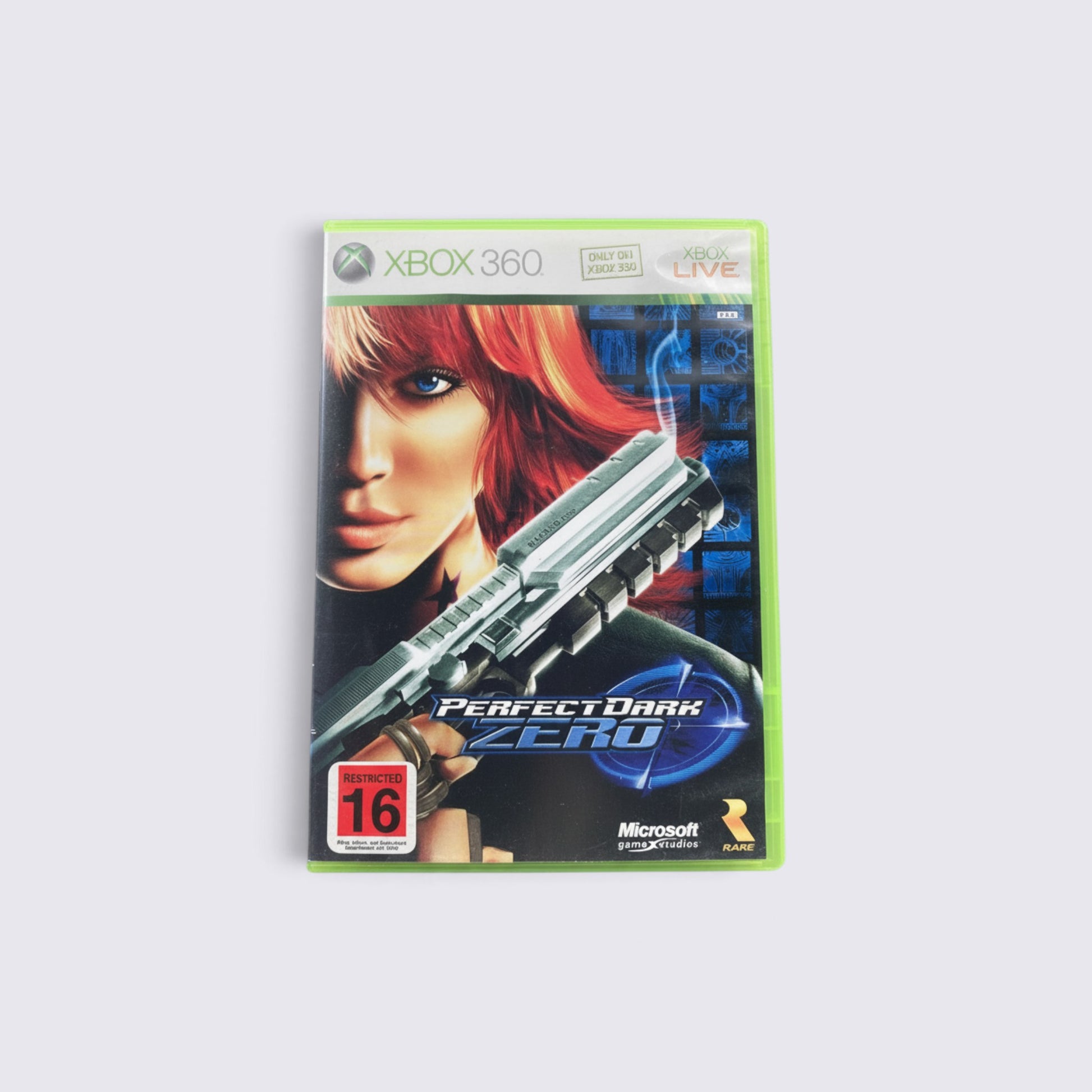 MrPixel Perfect Dark Zero Xbox 360 game case featuring Joanna Dark holding a futuristic pistol on the cover art