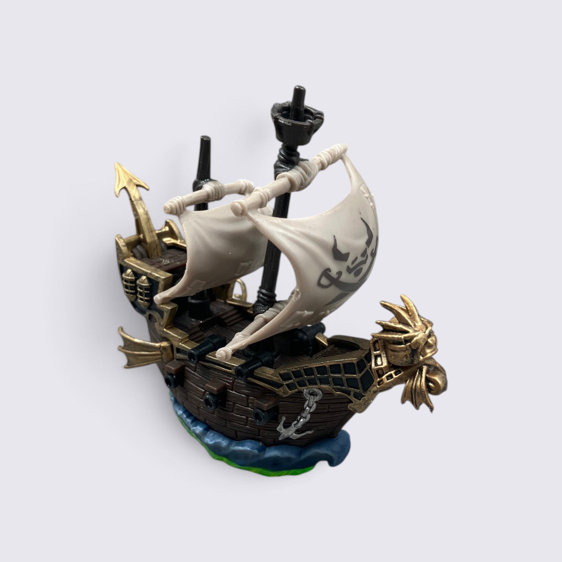 MrPixel Pirate Seas Skylanders adventure pack featuring a detailed brown and gold pirate ship toy with skull sail