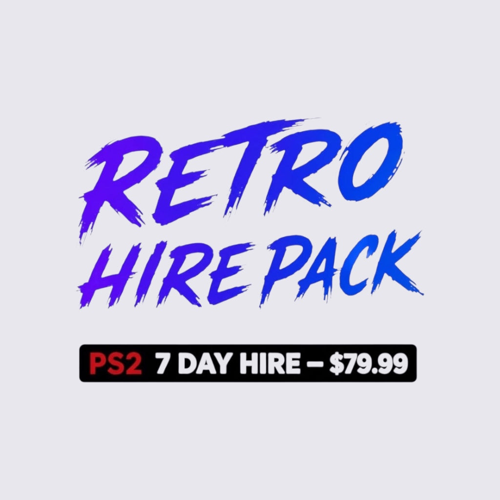 MrPixel PlayStation 2 Retro Hire Pack promotional graphic featuring blue brush-style text on a light background.