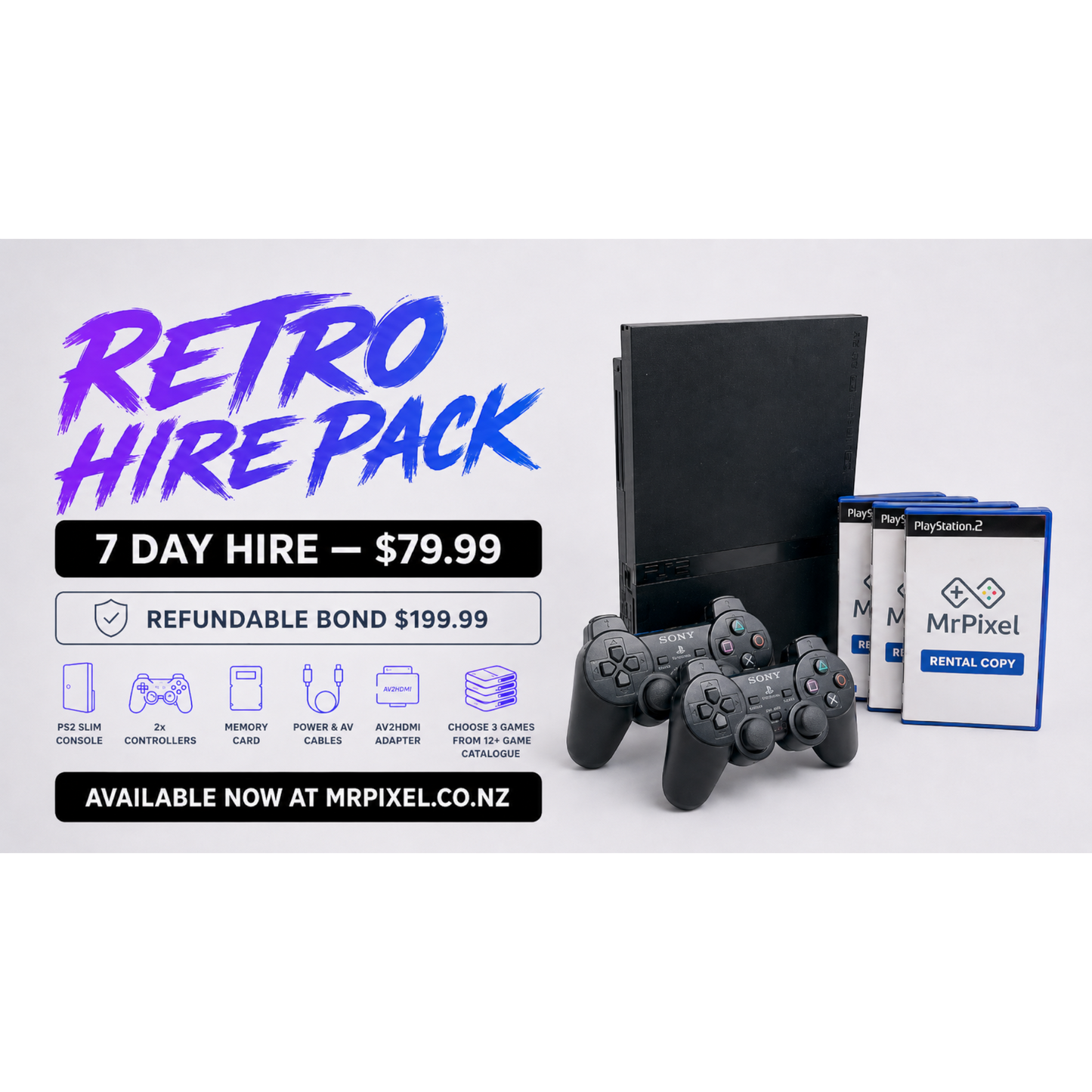 MrPixel PlayStation 2 Slim console rental bundle with two controllers, memory card, cables, and three game cases.