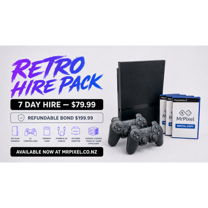 MrPixel PlayStation 2 Slim console rental bundle with two controllers, memory card, cables, and three game cases.