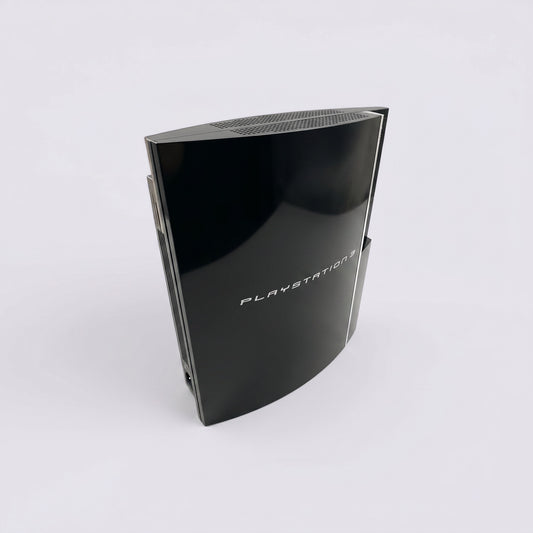 MrPixel glossy black PlayStation 3 fat console with iconic curved design and white logo on a white background