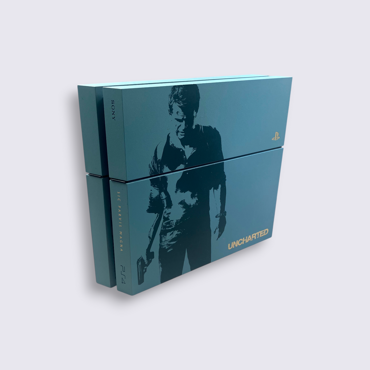MrPixel PlayStation 4 Uncharted Edition console in blue with Nathan Drake silhouette and gold logo detailing