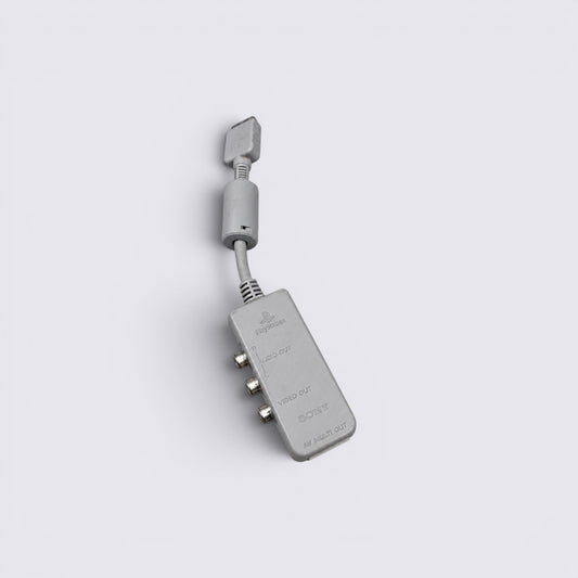 MrPixel grey PlayStation AV Multi Out adapter for connecting original Sony consoles to televisions