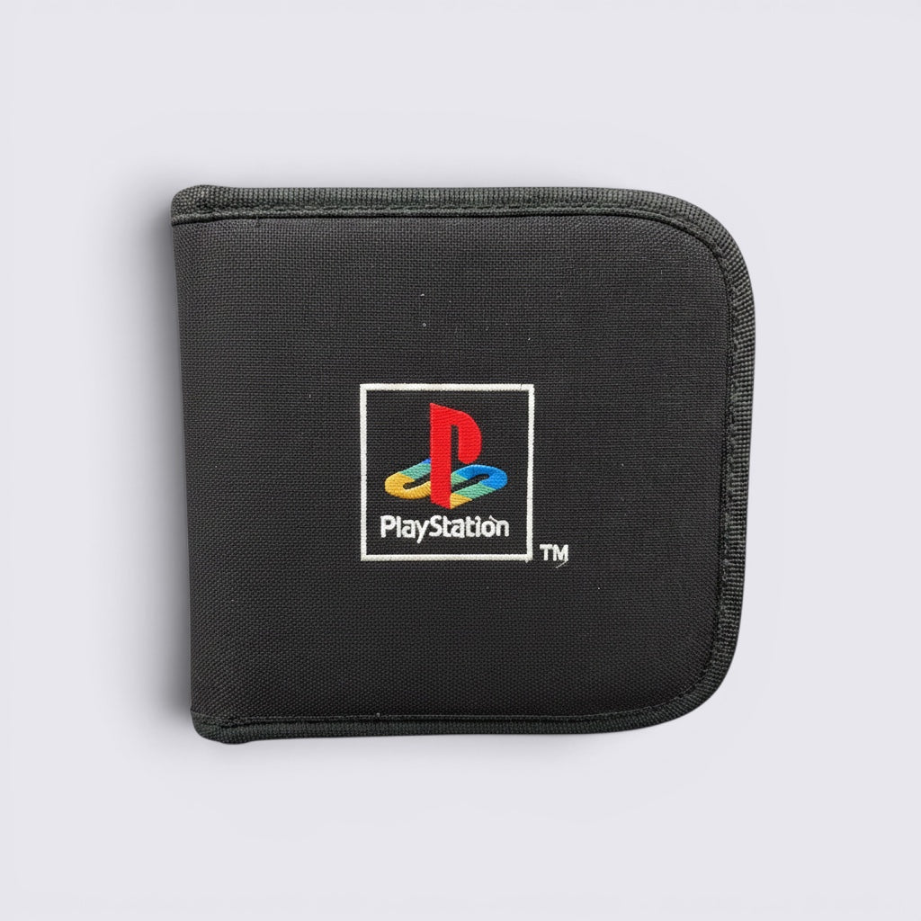MrPixel black PlayStation disc wallet with iconic logo, featuring a protective zip-up design for game storage.