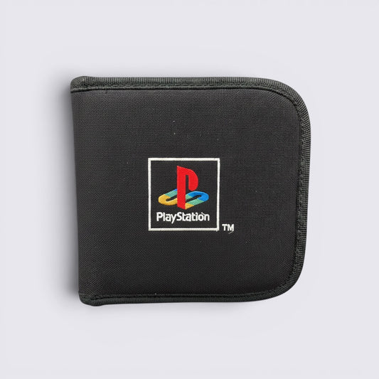 MrPixel black PlayStation disc wallet with iconic logo, featuring a protective zip-up design for game storage.