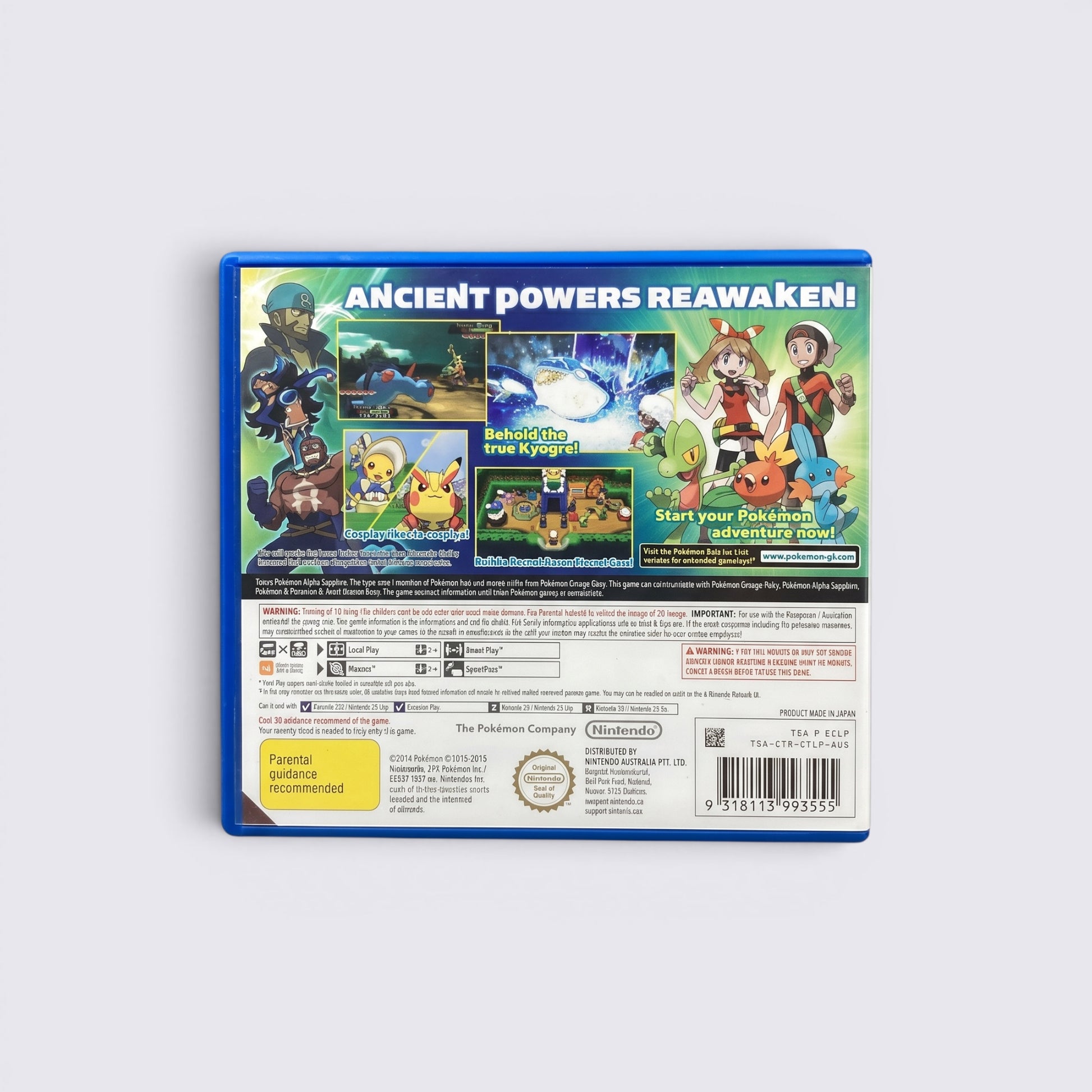 Back cover of MrPixel Pokemon Alpha Sapphire game for Nintendo 3DS featuring Kyogre and gameplay screenshots.