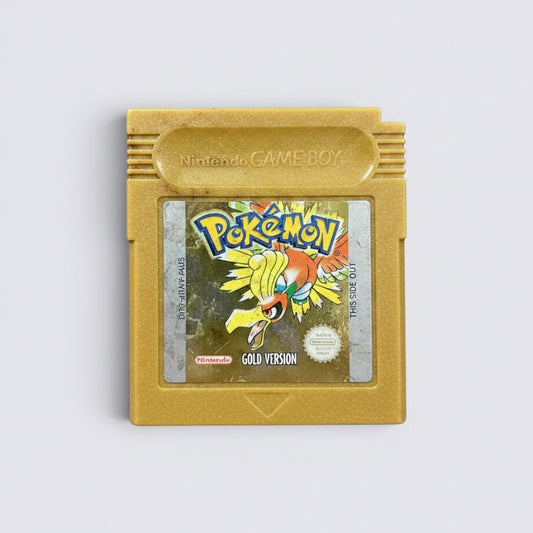 MrPixel Pokemon Gold Version Game Boy cartridge featuring Ho-Oh on the gold label against a plain background.