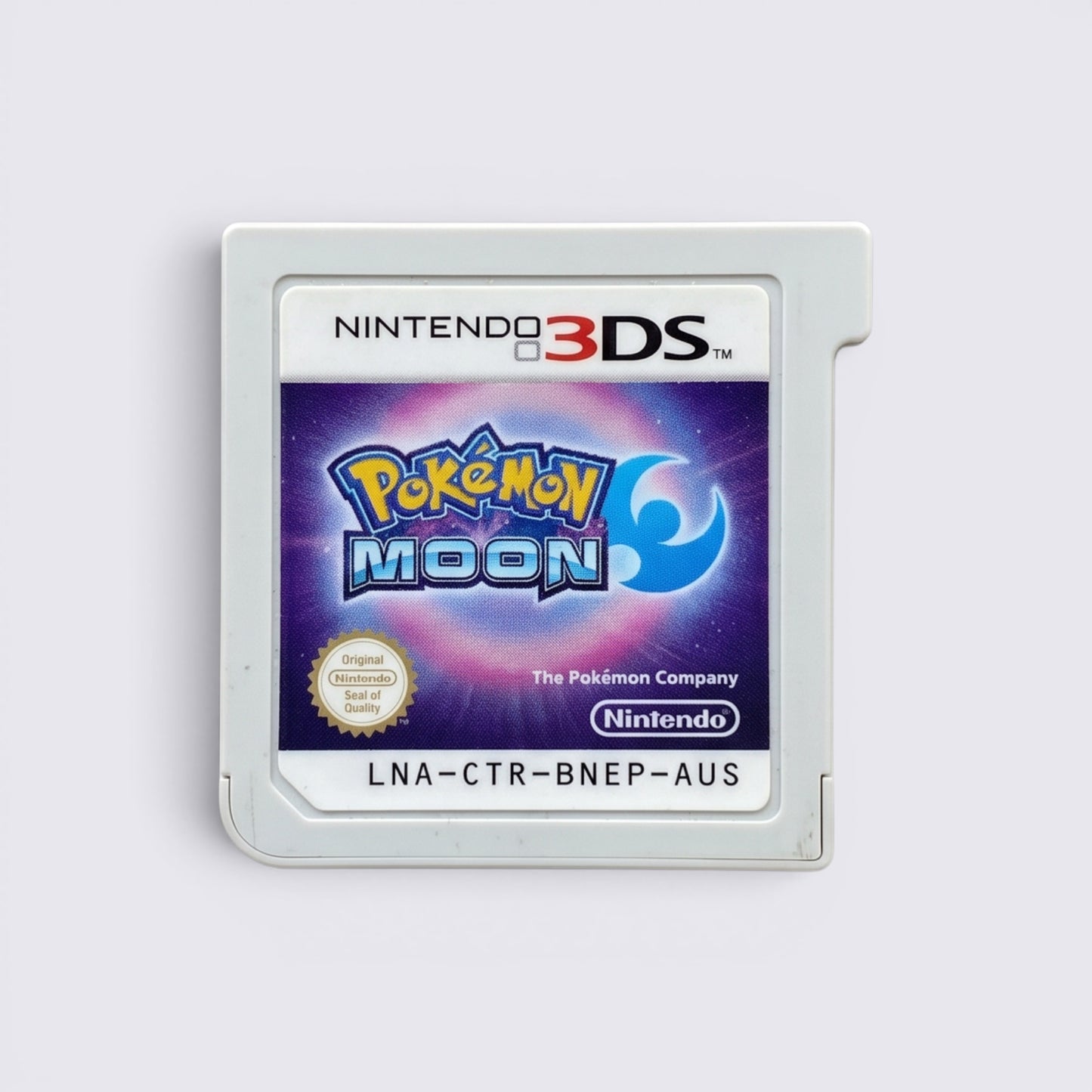 MrPixel Pokemon Moon game cartridge for Nintendo 3DS featuring the purple and blue logo on a white plastic card