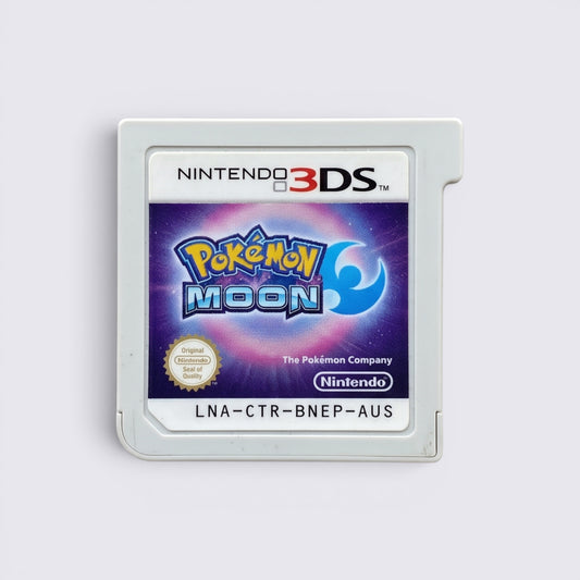 MrPixel Pokemon Moon game cartridge for Nintendo 3DS featuring the purple and blue logo on a white plastic card