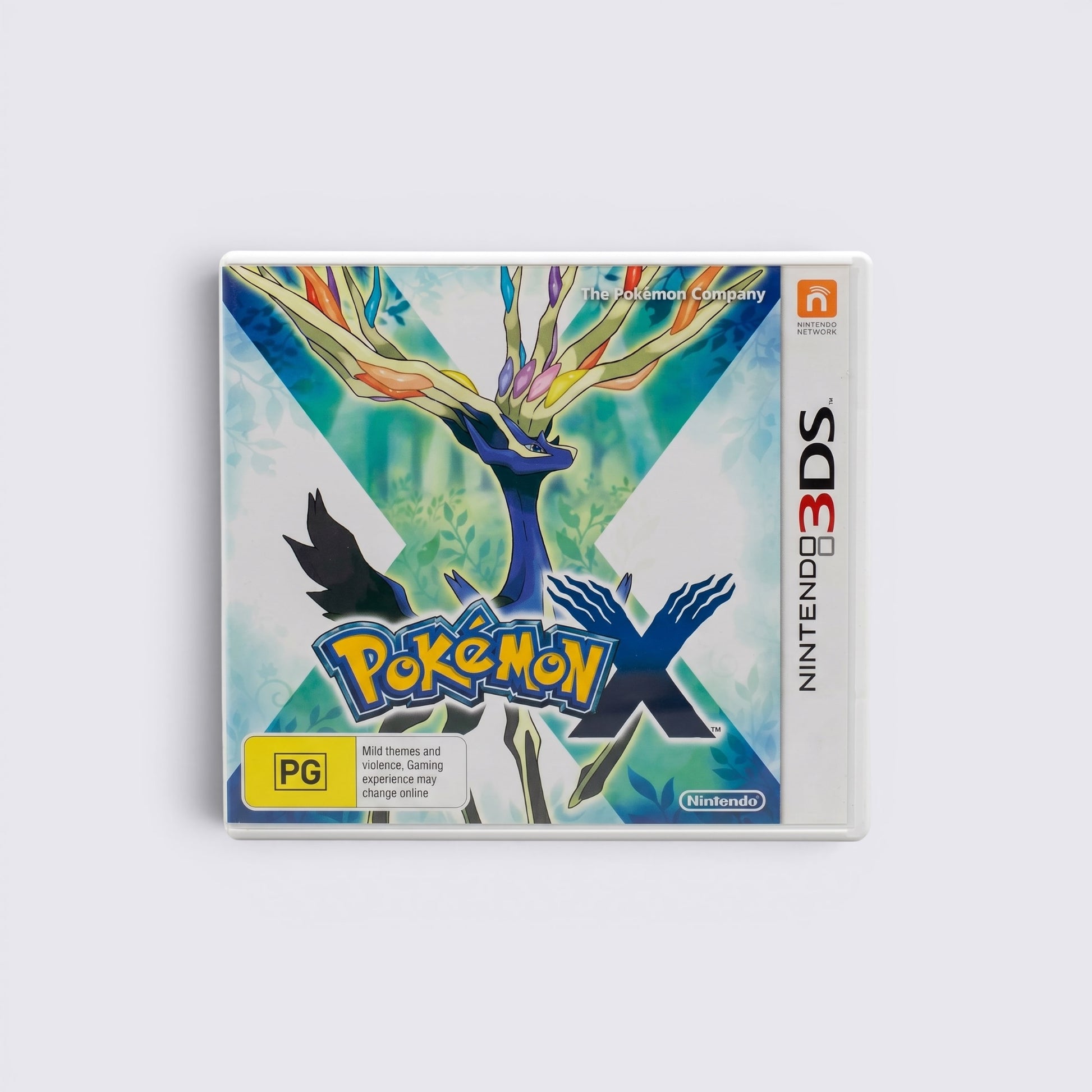 MrPixel Pokemon X Nintendo 3DS game case featuring the legendary Pokemon Xerneas on a white background.