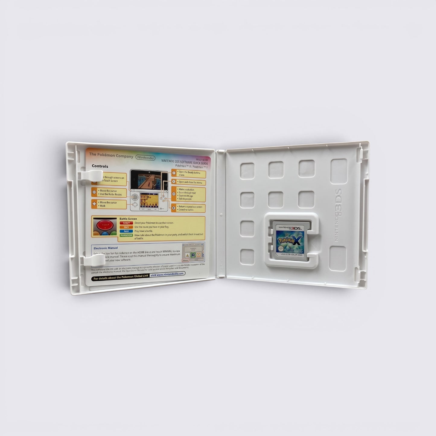 MrPixel Pokemon X Nintendo 3DS game cartridge inside an open white plastic case with an instructional manual insert.