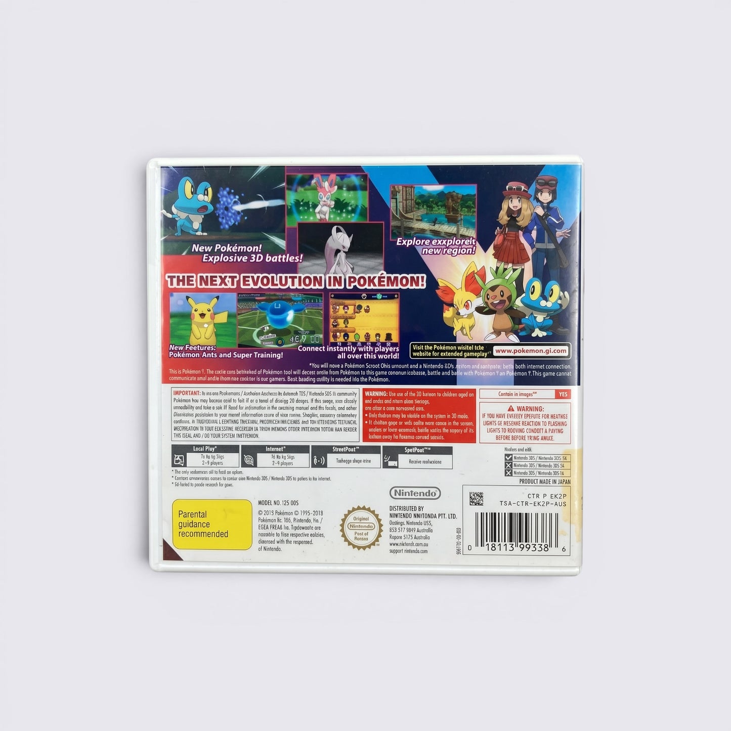 Back cover of MrPixel Pokemon Y Nintendo 3DS game case featuring game screenshots and information