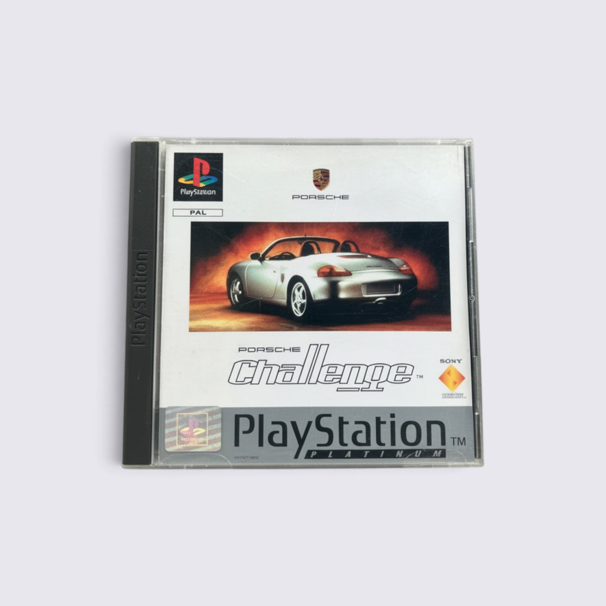 MrPixel Porsche Challenge PlayStation racing game case featuring a silver Porsche convertible on the cover