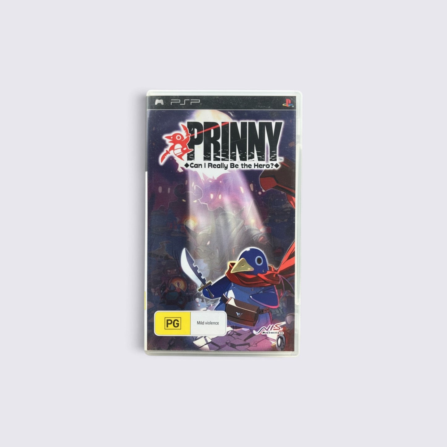 MrPixel Prinny: Can I Really Be the Hero? PSP game case featuring a blue Prinny demon with a red scarf and sword.