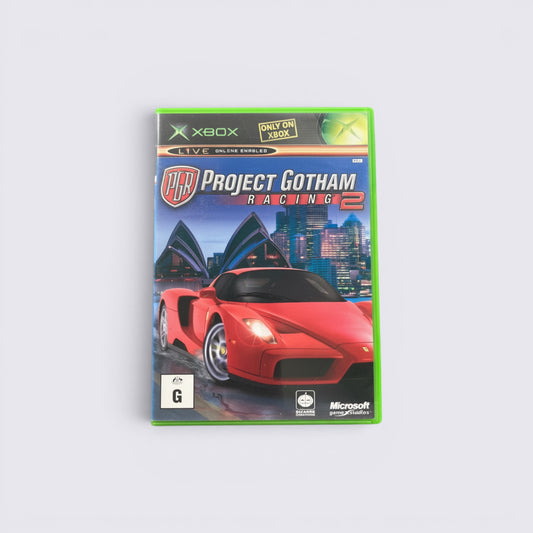 MrPixel Project Gotham Racing 2 Xbox game case featuring a red Ferrari sports car against a Sydney city skyline.
