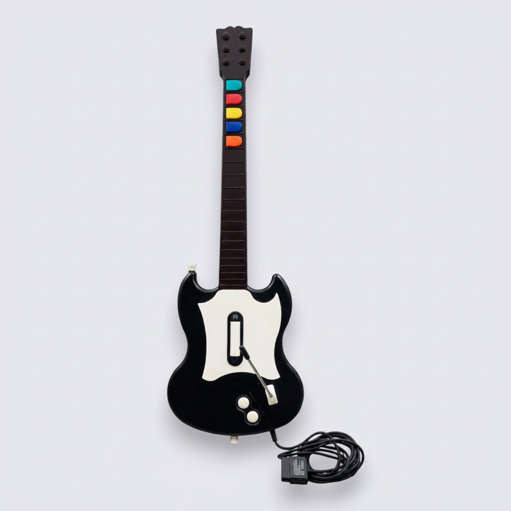 MrPixel black wired Guitar Hero SG controller for PlayStation 2 with colorful fret buttons and white pickguard