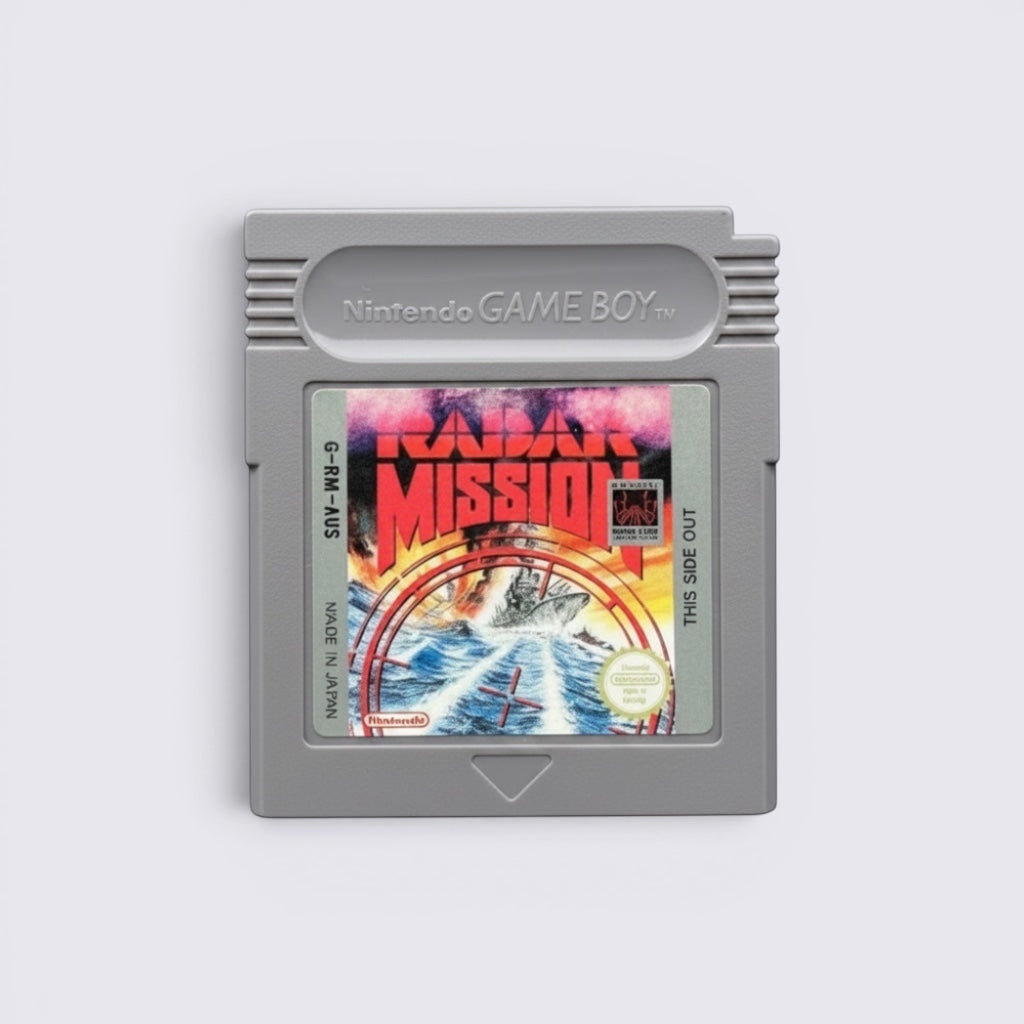 MrPixel Radar Mission game cartridge for Nintendo Game Boy featuring classic naval warfare cover art