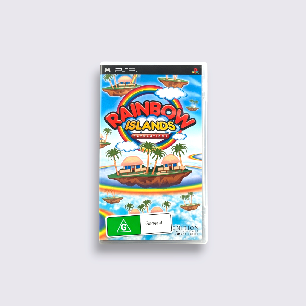 MrPixel Rainbow Islands Evolution PSP game case featuring colourful floating islands, palm trees, and rainbows.