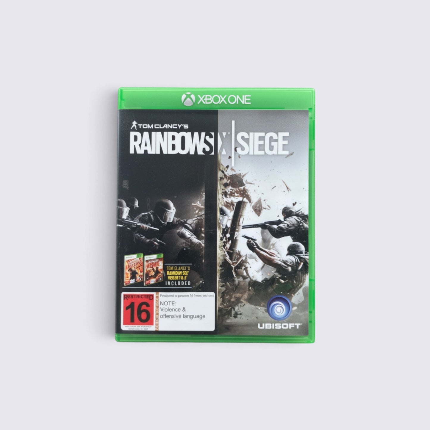 MrPixel Tom Clancy's Rainbow Six Siege Xbox One game case featuring tactical operator artwork and age rating