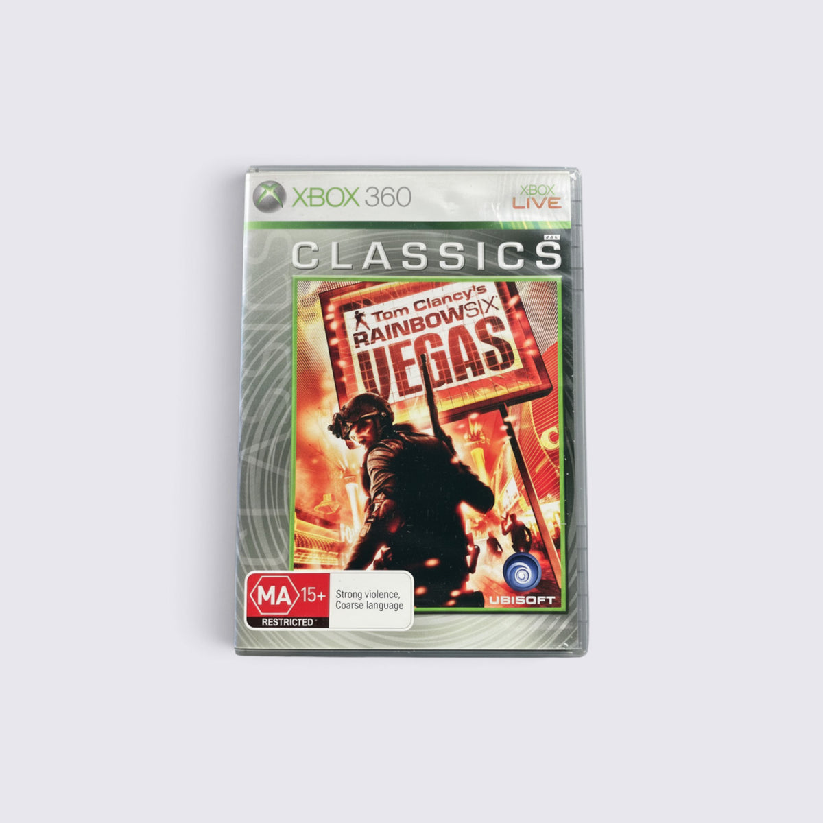 MrPixel Tom Clancy's Rainbow Six Vegas Classics Xbox 360 game case featuring a tactical soldier in Las Vegas