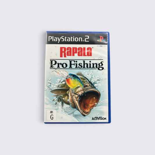 MrPixel Rapala Pro Fishing video game for PlayStation 2 featuring a bass fish jumping with a lure on the cover