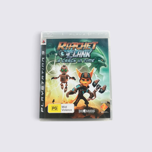 MrPixel Ratchet & Clank: A Crack in Time PlayStation 3 game case featuring Ratchet and Clank on a green background.