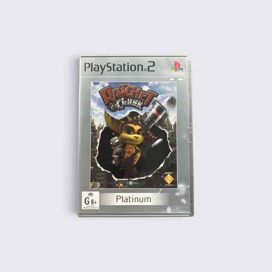 MrPixel Ratchet & Clank Platinum edition game case for PlayStation 2 featuring the iconic character and weapon.