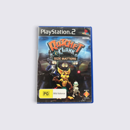 MrPixel Ratchet & Clank: Size Matters PlayStation 2 game case featuring Ratchet and Clank with robotic enemies.