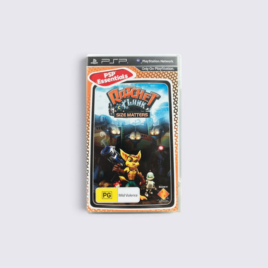 MrPixel Ratchet & Clank: Size Matters Essentials PSP game case featuring Ratchet and Clank on the cover art.