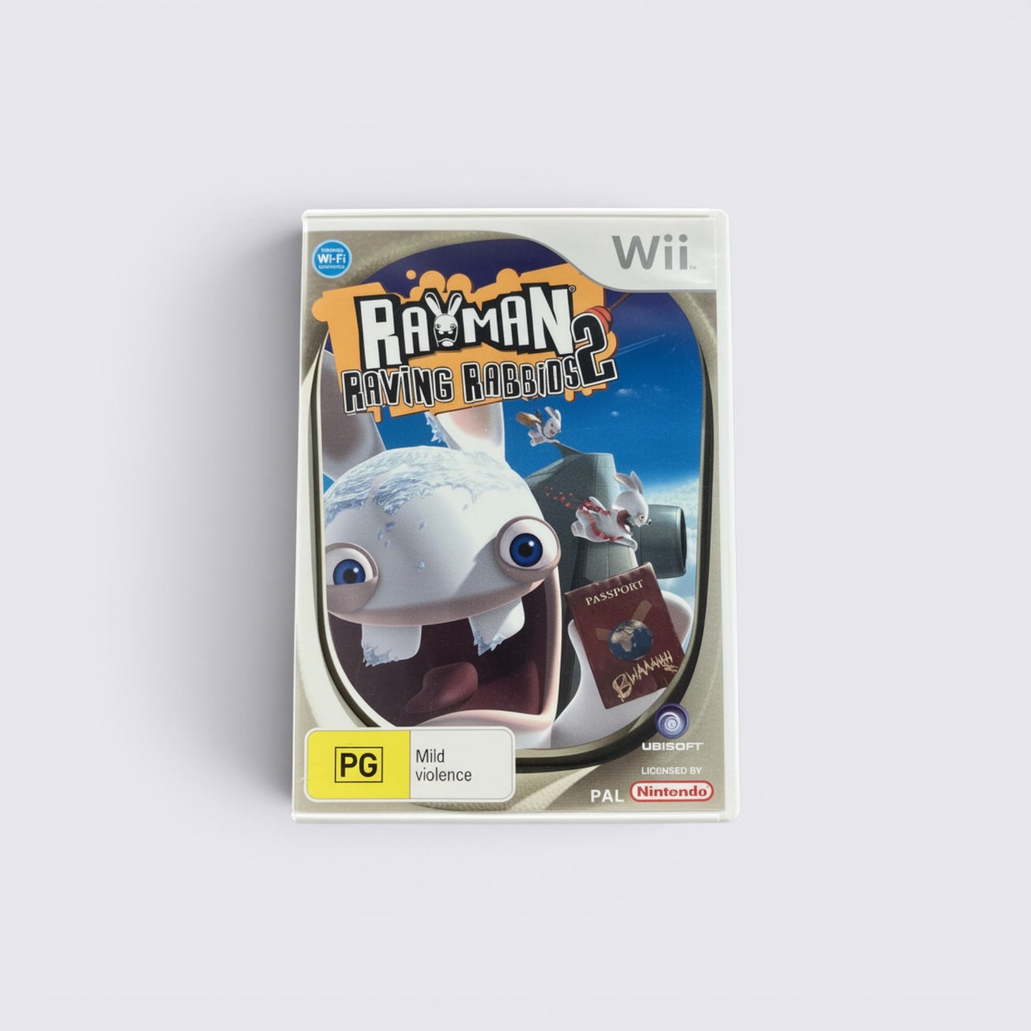 MrPixel Rayman Raving Rabbids 2 Wii game case featuring a mischievous rabbit holding a passport on a travel theme.