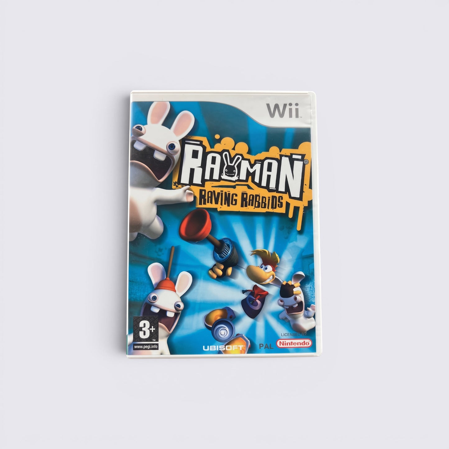 MrPixel Rayman Raving Rabbids Wii game case featuring Rayman and mischievous Rabbids on a blue background