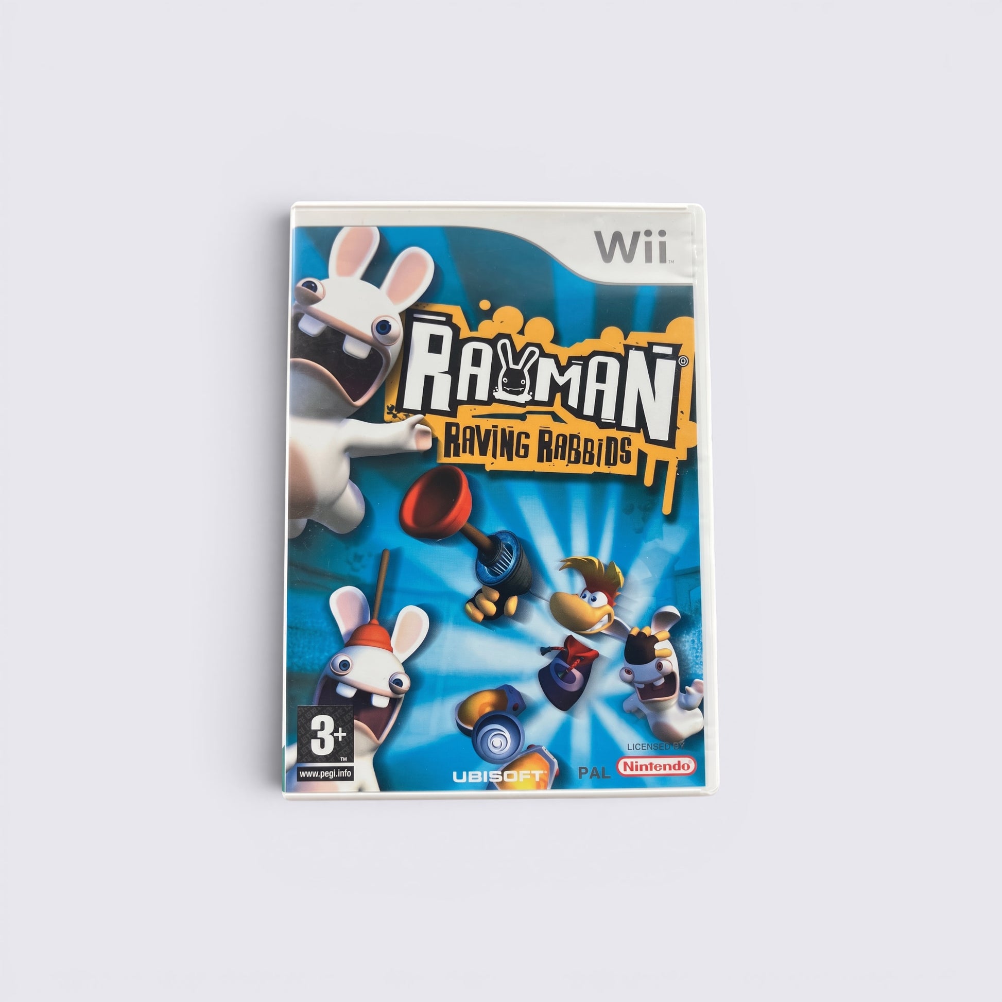 MrPixel Rayman Raving Rabbids Wii game case featuring Rayman and mischievous Rabbids on a blue background