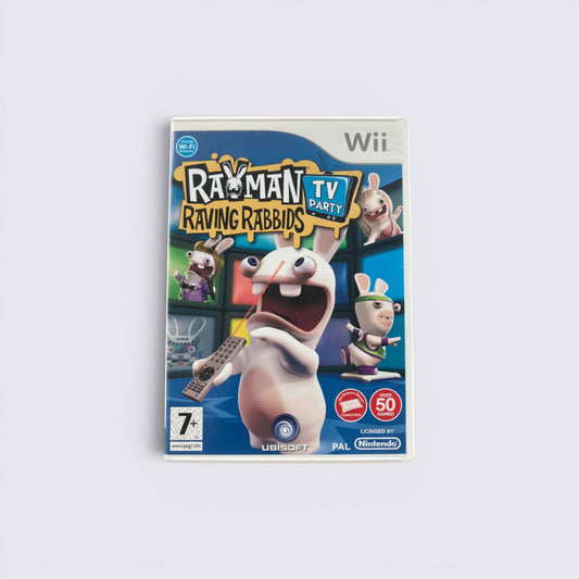 MrPixel Rayman Raving Rabbids TV Party Wii game case featuring mischievous Rabbids characters on a television screen.