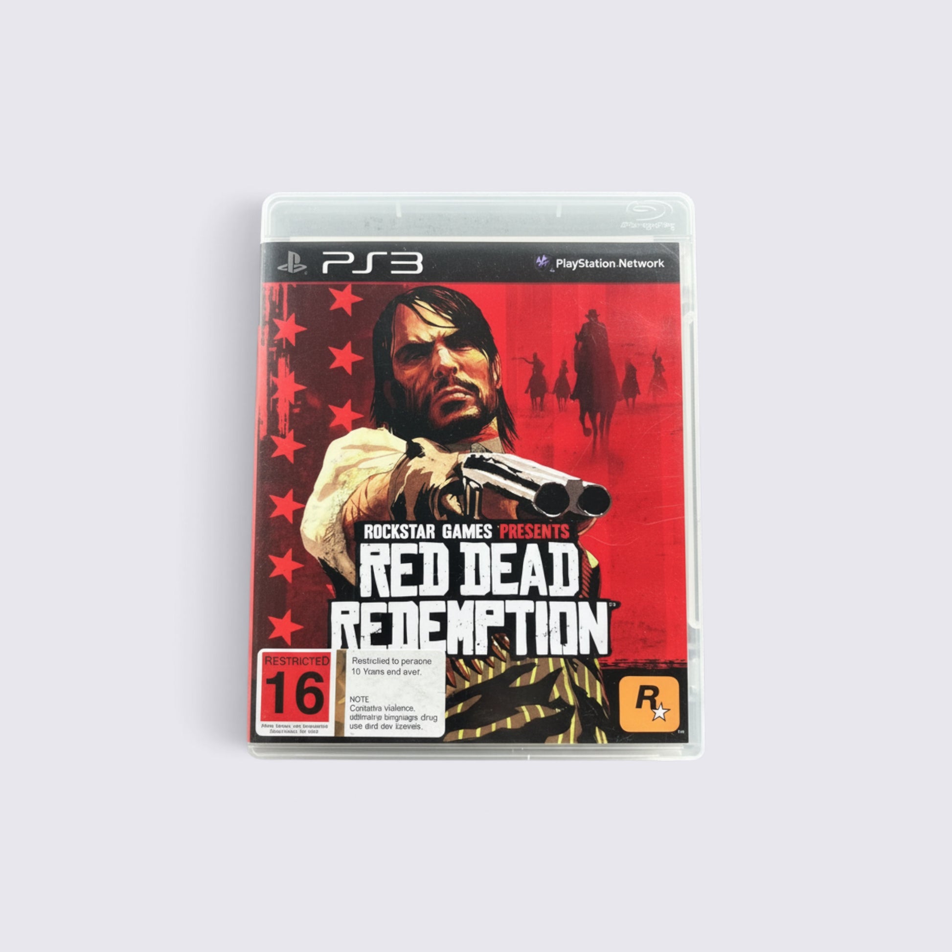 MrPixel Red Dead Redemption game case for PlayStation 3 featuring John Marston with a revolver on a red background