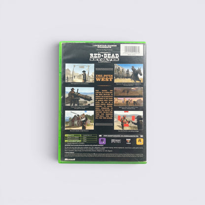 MrPixel Red Dead Revolver Xbox game back cover featuring western gameplay screenshots and game information