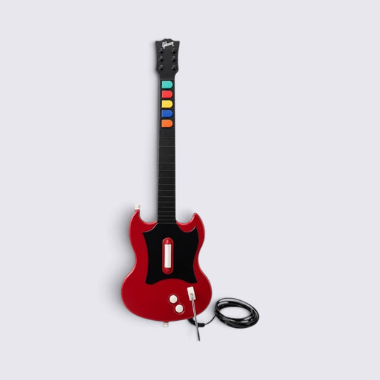 MrPixel red wired Guitar Hero SG controller for PlayStation 2 with fret buttons, strum bar, and whammy bar.