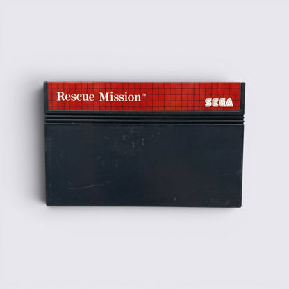 MrPixel Rescue Mission Sega Master System game cartridge with red grid label and black plastic casing.