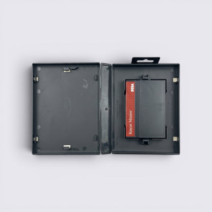 MrPixel Rescue Mission Sega Master System game cartridge inside its original black plastic storage case