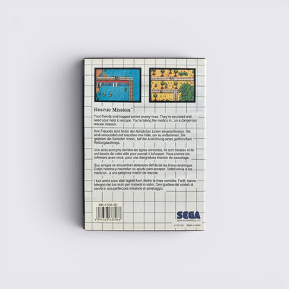 MrPixel Rescue Mission Sega Master System game box back cover with gameplay screenshots and multi-language text