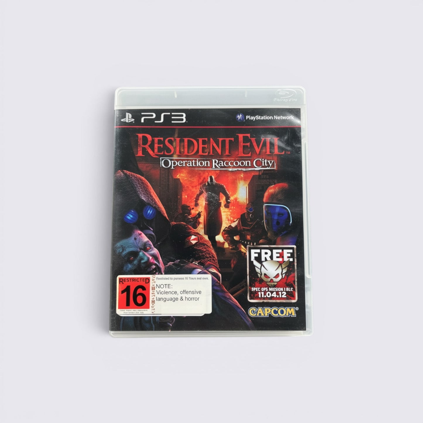 MrPixel Resident Evil Operation Raccoon City PS3 game case featuring dark action graphics and a 16+ age rating label.