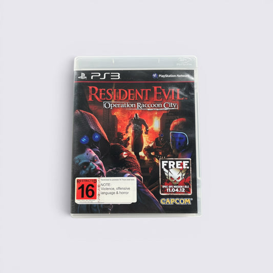 MrPixel Resident Evil Operation Raccoon City PS3 game case featuring dark action graphics and a 16+ age rating label.