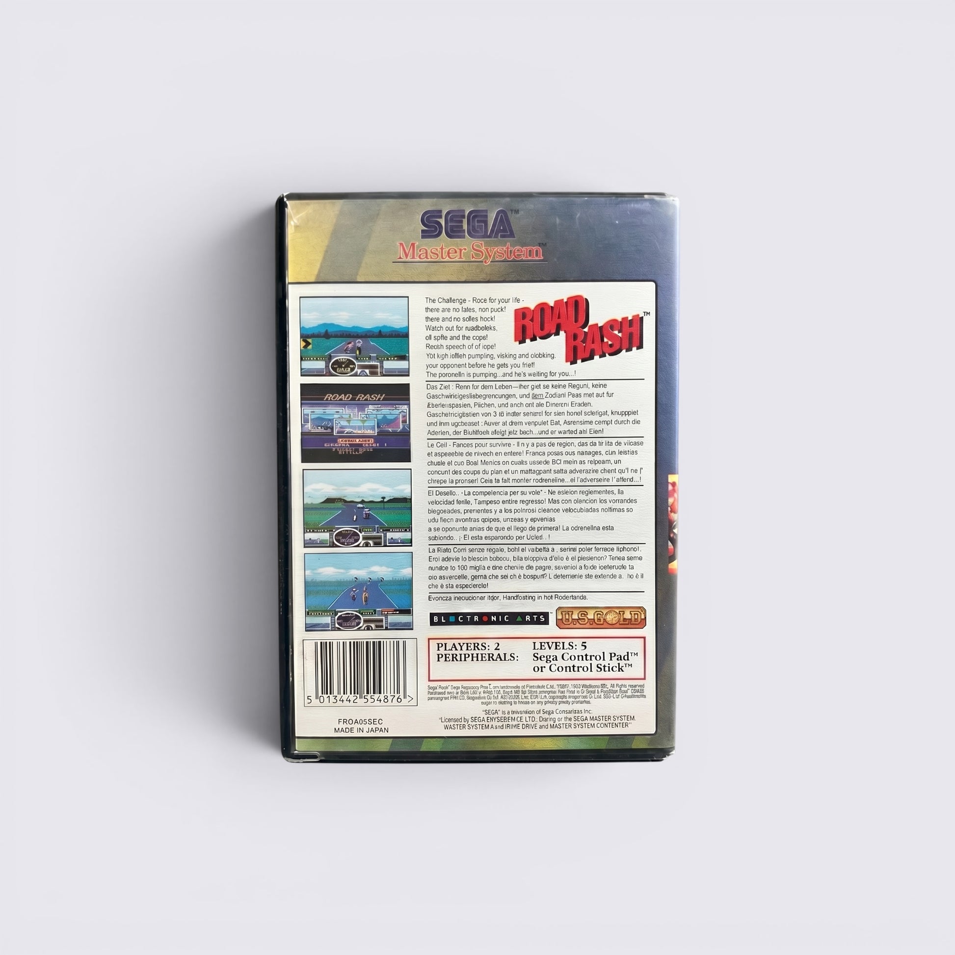 MrPixel Road Rash Sega Master System game box back cover featuring gameplay screenshots and product information