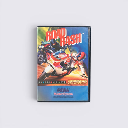 MrPixel Road Rash Sega Master System game box art featuring motorcycle racers in combat on a high-speed track.