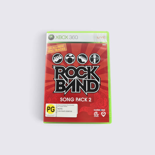 MrPixel Rock Band Song Pack 2 Xbox 360 game case featuring a red cover with instrument icons and PG rating label.