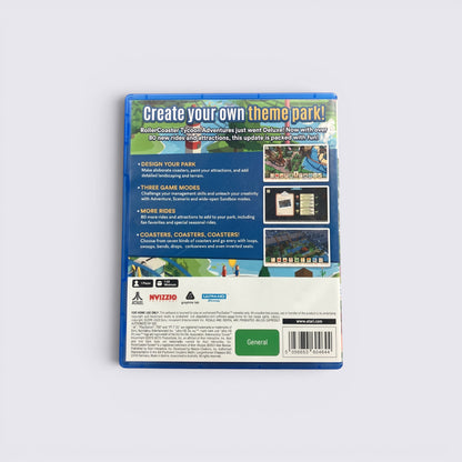 MrPixel RollerCoaster Tycoon Adventures Deluxe PS5 game case back cover with game features and screenshots