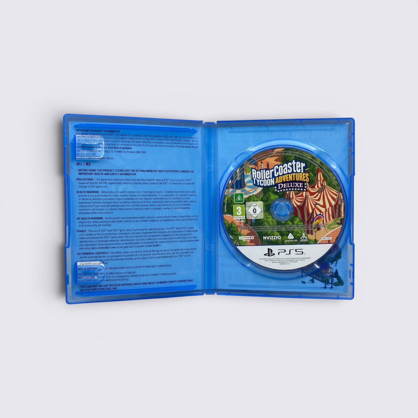 MrPixel RollerCoaster Tycoon Adventures Deluxe game disc for PlayStation 5 inside a blue plastic case