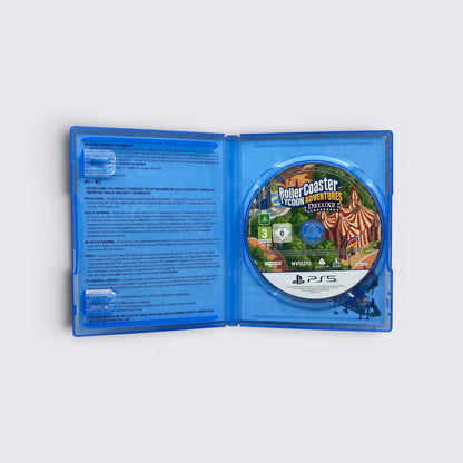 MrPixel RollerCoaster Tycoon Adventures Deluxe game disc for PlayStation 5 inside a blue plastic case